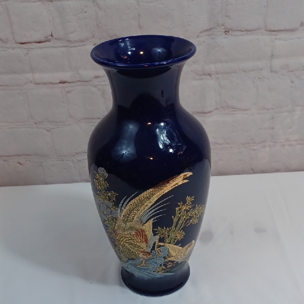 Past Prezence  Vintage Cobalt Blue Ceramic Japanese  Gold Accents 10Tall Vase